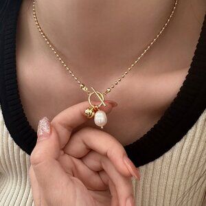 3/$35 18K Gold Plated Ball Pearl Toggle Pendant Necklace Stainless Steel